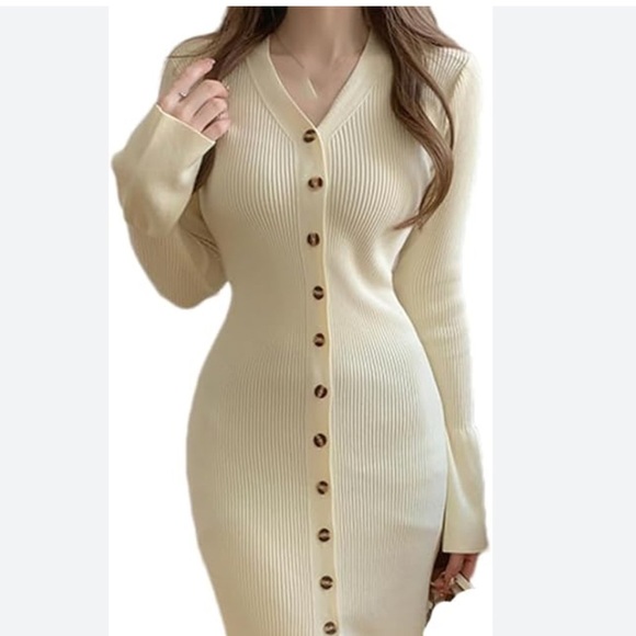 NWT Happily Grey Cream Ribbed Knit Button Accent Front Sweater Maxi Dress Ivory - Picture 2 of 14